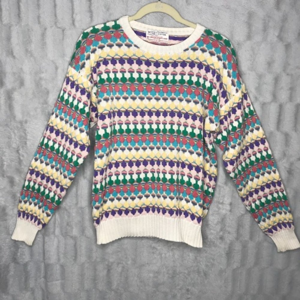 Vintage Pastel Multi Color Crew Neck Rib Sweater